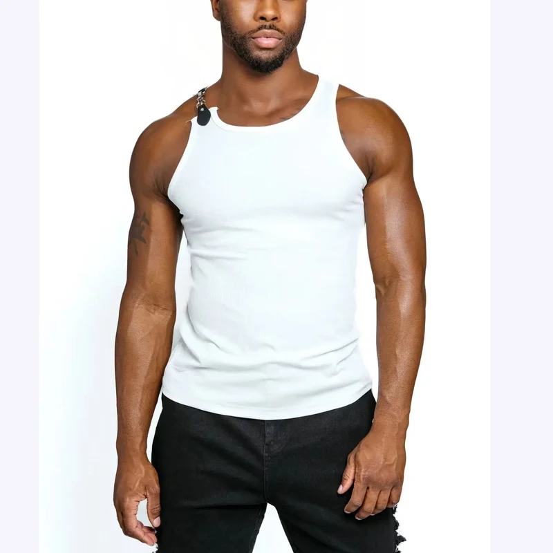 2026 Streetwear Men's Sexy Chain Button Straps Tank Tops Hip Hop Vest T-shirts Men Sleeveless Elastic Slim Fitness Muscle Vests