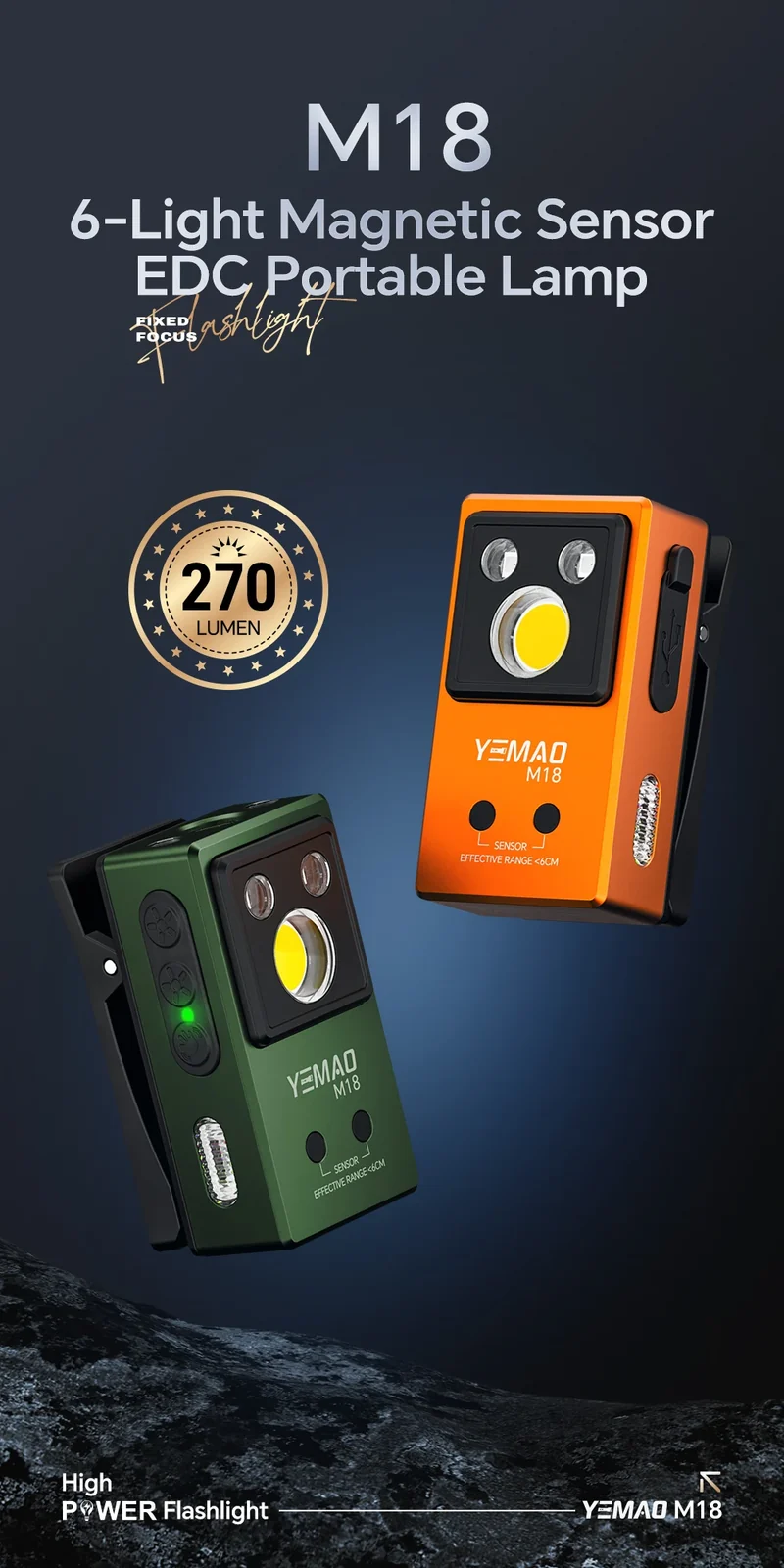 YEMAO M18 270LM Clip Pocket Flashlight 7 Color RGB Built-in 500mAh Battery Rechargeable 6 Light EDC Magnetic Sensor Lamp UVLight