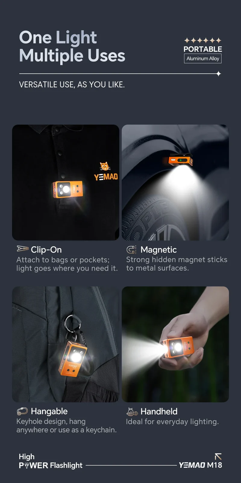 YEMAO M18 270LM Clip Pocket Flashlight 7 Color RGB Built-in 500mAh Battery Rechargeable 6 Light EDC Magnetic Sensor Lamp UVLight