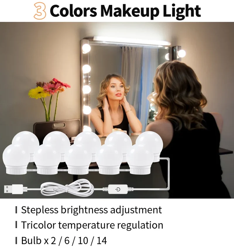 3 Modes Colors Makeup Mirror Light Led Touch Dimming Vanity Dressing Table Lamp Bulb USB 12V Hollywood Make Up Mirror Wall Lamp