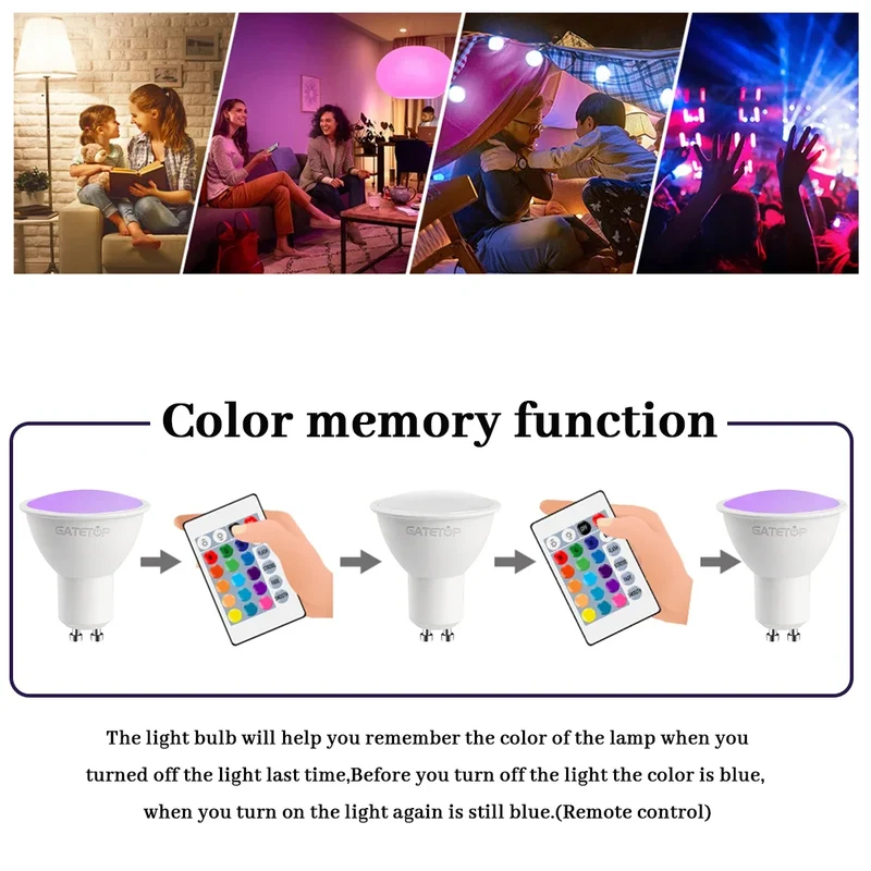 1-10PCS RGB GU10 LED Spotlight Bulb 24 Key Remote Control Dimmable 6W AC220V 110V Colorful Change for Bedroom Living Room Lamp