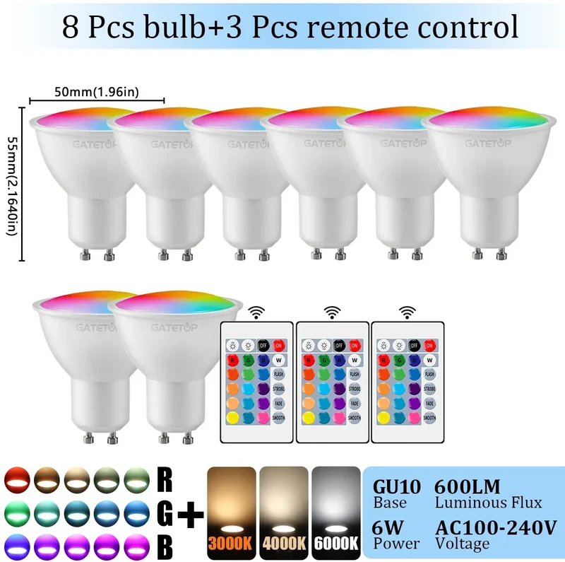 1-10PCS RGB GU10 LED Spotlight Bulb 24 Key Remote Control Dimmable 6W AC220V 110V Colorful Change for Bedroom Living Room Lamp