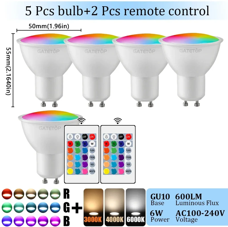 1-10PCS RGB GU10 LED Spotlight Bulb 24 Key Remote Control Dimmable 6W AC220V 110V Colorful Change for Bedroom Living Room Lamp