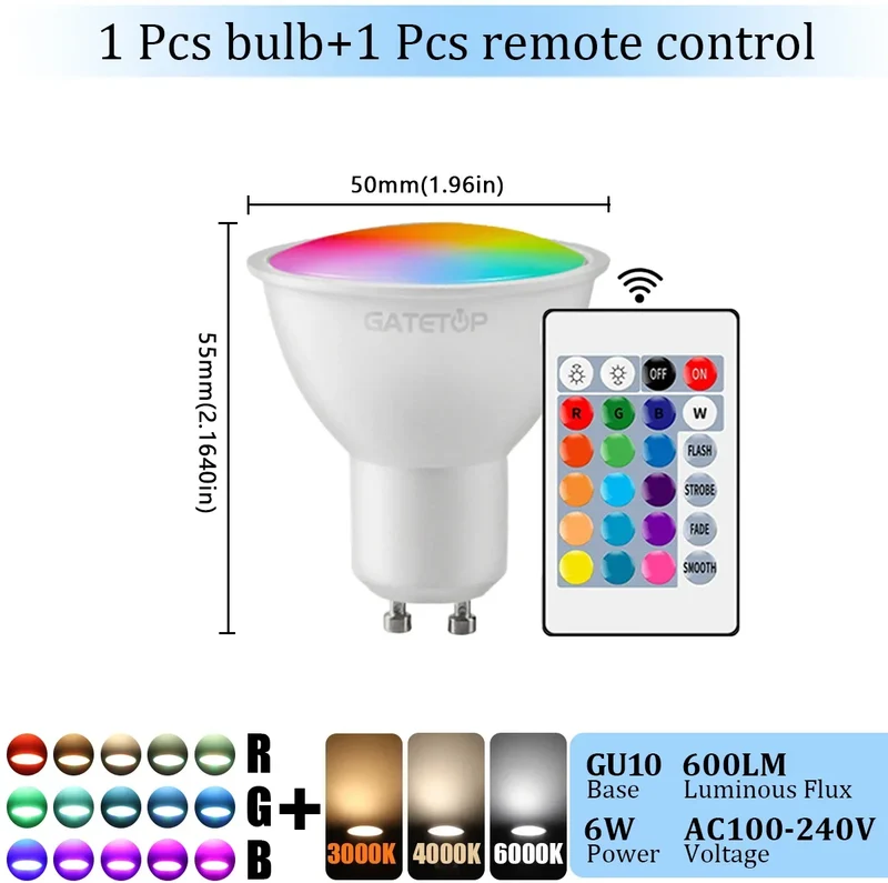 1-10PCS RGB GU10 LED Spotlight Bulb 24 Key Remote Control Dimmable 6W AC220V 110V Colorful Change for Bedroom Living Room Lamp