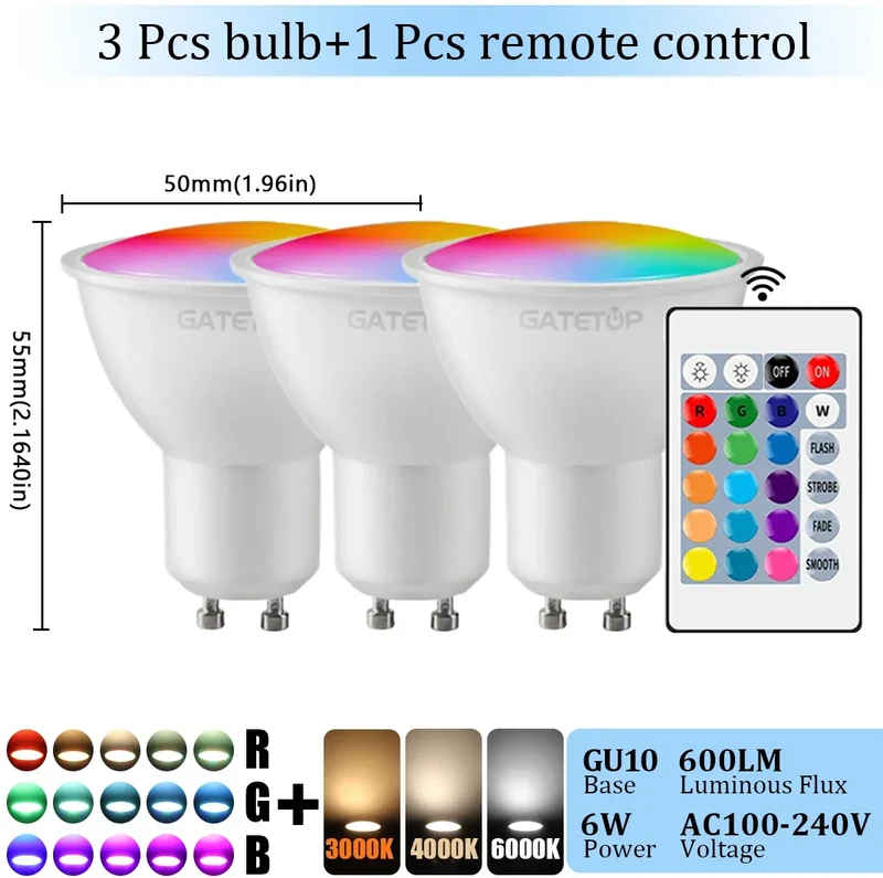 1-10PCS RGB GU10 LED Spotlight Bulb 24 Key Remote Control Dimmable 6W AC220V 110V Colorful Change for Bedroom Living Room Lamp