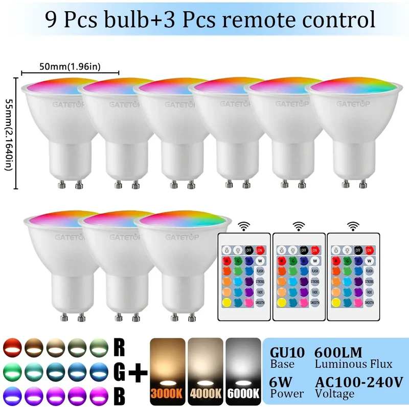 1-10PCS RGB GU10 LED Spotlight Bulb 24 Key Remote Control Dimmable 6W AC220V 110V Colorful Change for Bedroom Living Room Lamp