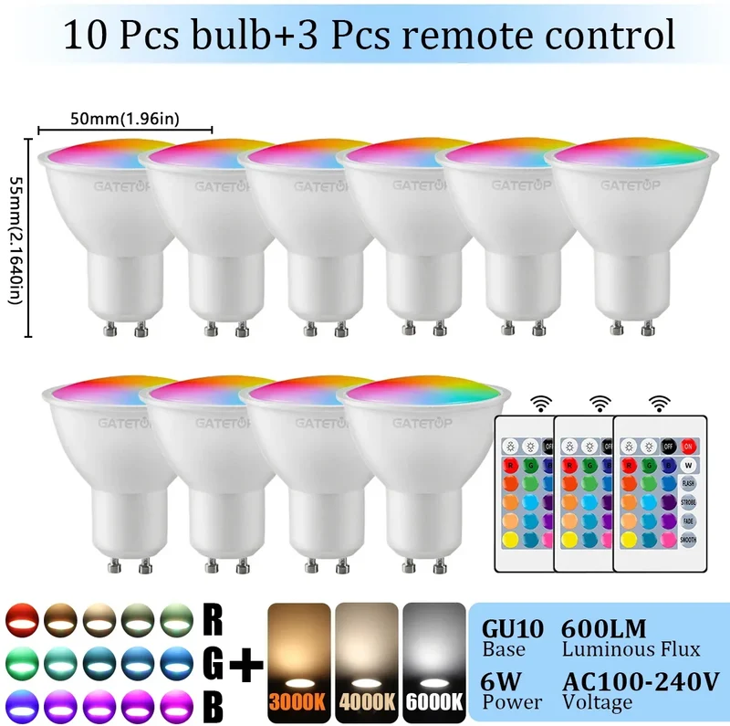 1-10PCS RGB GU10 LED Spotlight Bulb 24 Key Remote Control Dimmable 6W AC220V 110V Colorful Change for Bedroom Living Room Lamp