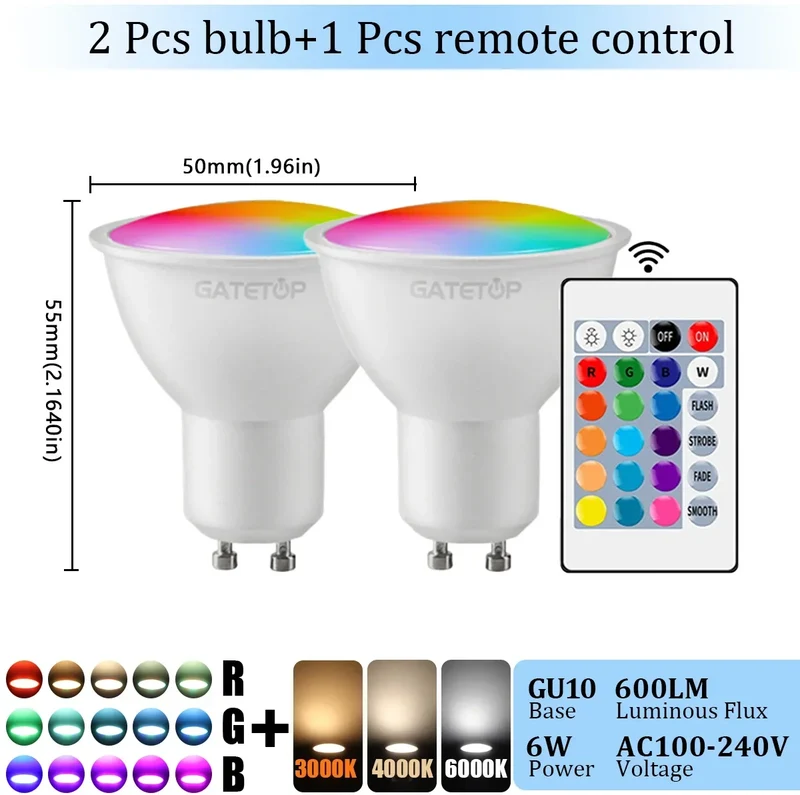 1-10PCS RGB GU10 LED Spotlight Bulb 24 Key Remote Control Dimmable 6W AC220V 110V Colorful Change for Bedroom Living Room Lamp