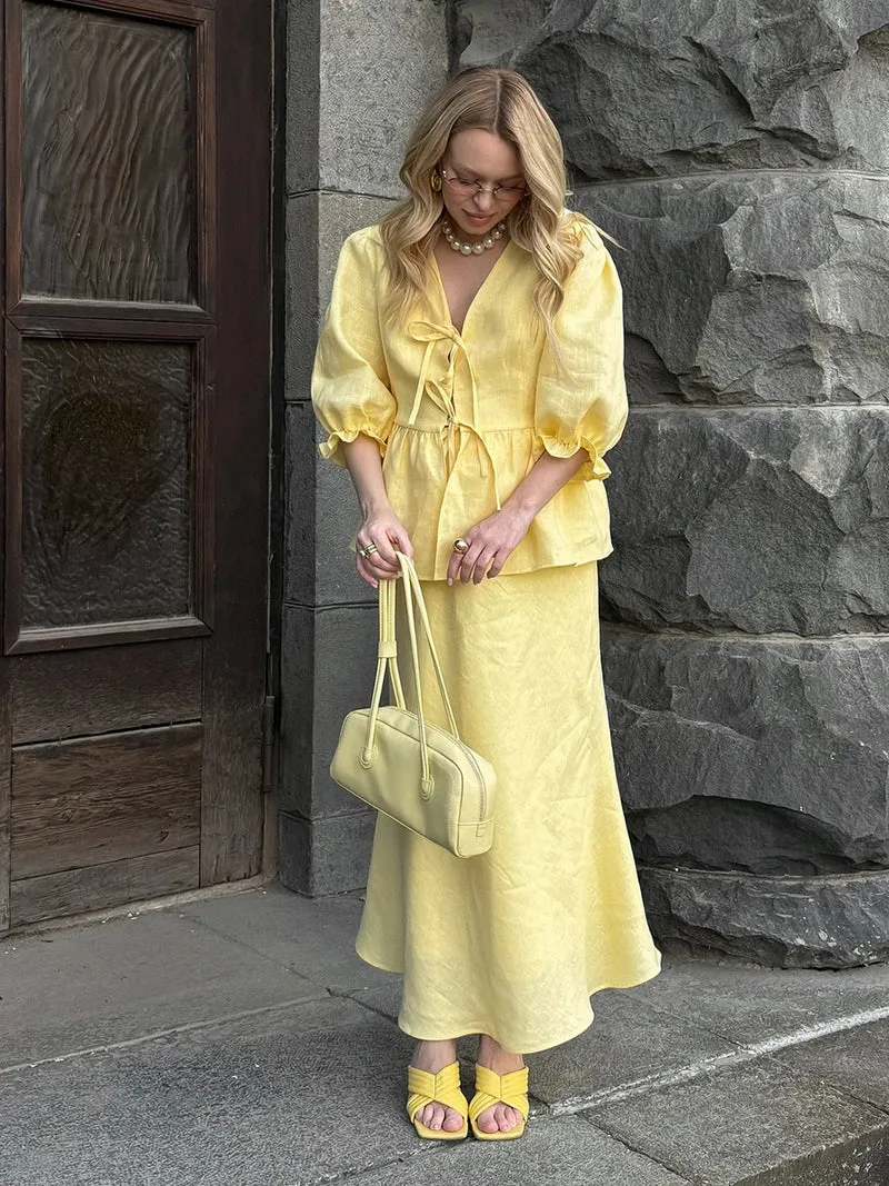 Bornladies 2025 Summer Women's 100% Cotton V-Neck Lace-Up Bubble Sleeve Shirt Long Skirt Set Loose Casual Two-Piece Suit