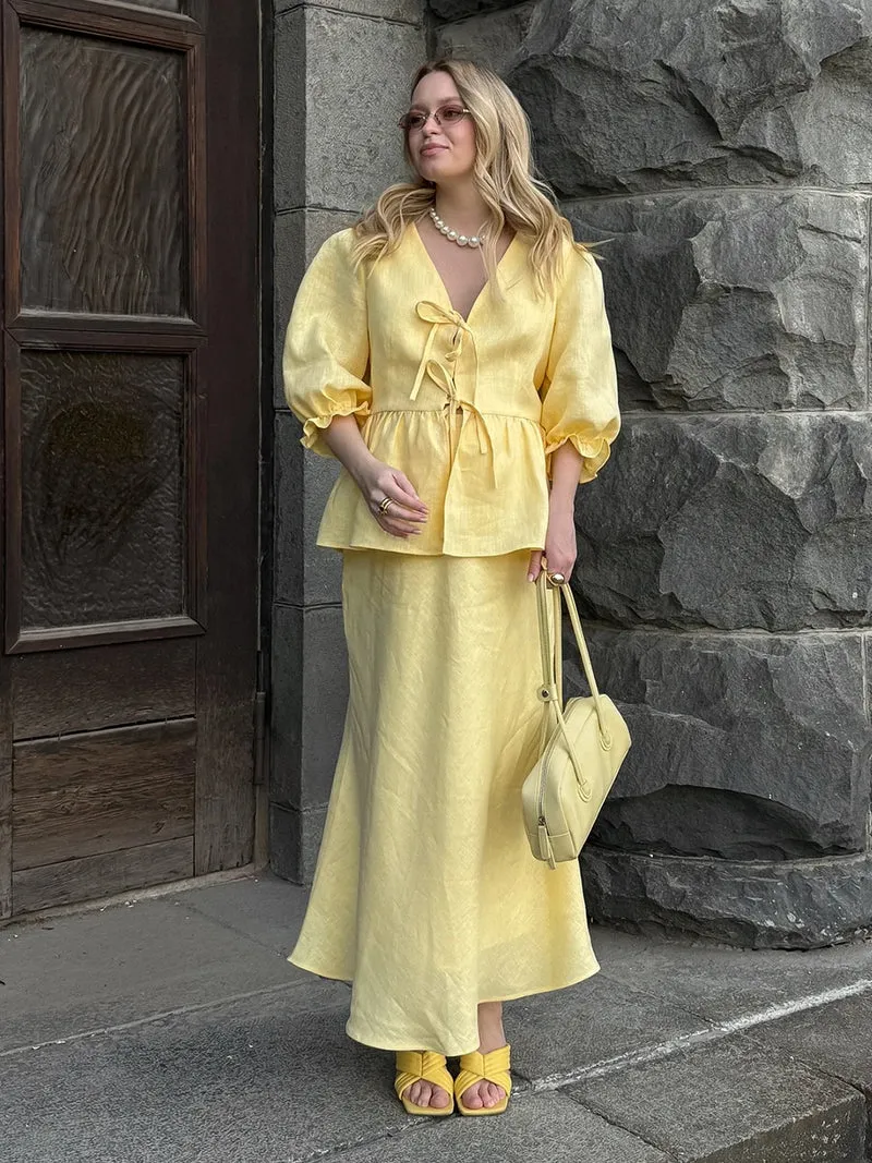 Bornladies 2025 Summer Women's 100% Cotton V-Neck Lace-Up Bubble Sleeve Shirt Long Skirt Set Loose Casual Two-Piece Suit