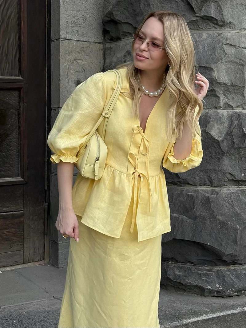 Bornladies 2025 Summer Women's 100% Cotton V-Neck Lace-Up Bubble Sleeve Shirt Long Skirt Set Loose Casual Two-Piece Suit