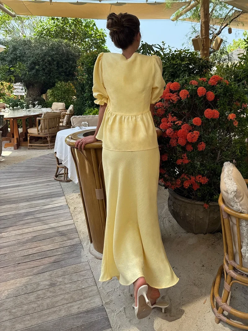 Bornladies 2025 Summer Women's 100% Cotton V-Neck Lace-Up Bubble Sleeve Shirt Long Skirt Set Loose Casual Two-Piece Suit