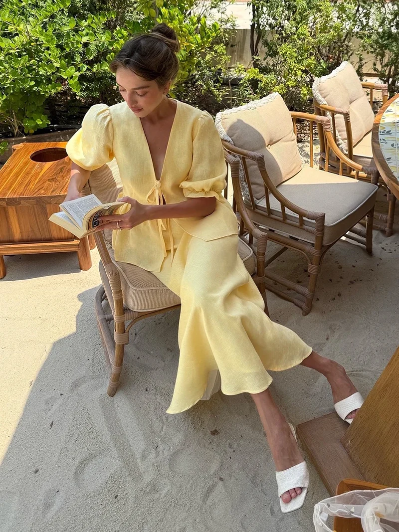 Bornladies 2025 Summer Women's 100% Cotton V-Neck Lace-Up Bubble Sleeve Shirt Long Skirt Set Loose Casual Two-Piece Suit