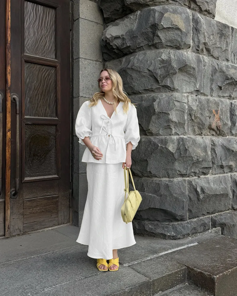 Bornladies 2025 Summer Women's 100% Cotton V-Neck Lace-Up Bubble Sleeve Shirt Long Skirt Set Loose Casual Two-Piece Suit