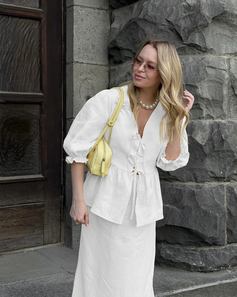 Bornladies 2025 Summer Women's 100% Cotton V-Neck Lace-Up Bubble Sleeve Shirt Long Skirt Set Loose Casual Two-Piece Suit