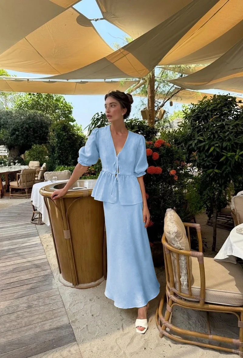 Bornladies 2025 Summer Women's 100% Cotton V-Neck Lace-Up Bubble Sleeve Shirt Long Skirt Set Loose Casual Two-Piece Suit