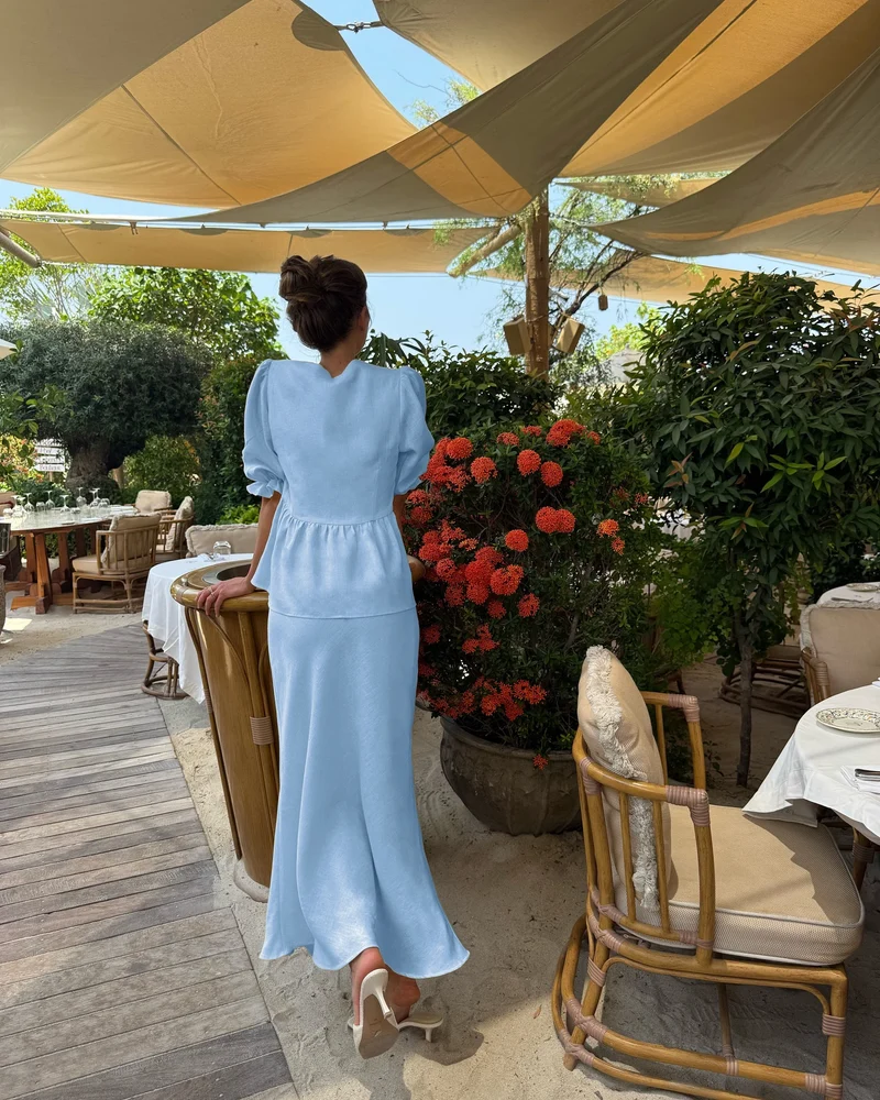 Bornladies 2025 Summer Women's 100% Cotton V-Neck Lace-Up Bubble Sleeve Shirt Long Skirt Set Loose Casual Two-Piece Suit