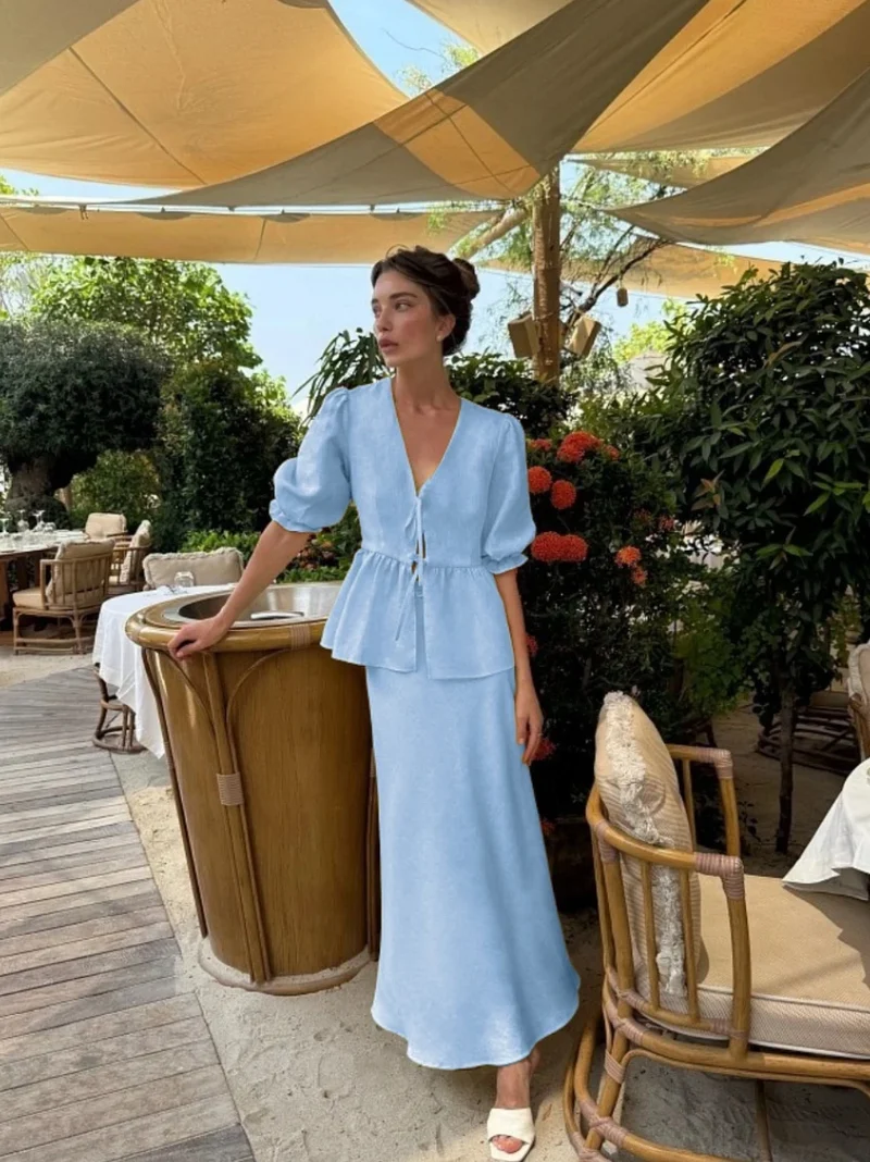 Bornladies 2025 Summer Women's 100% Cotton V-Neck Lace-Up Bubble Sleeve Shirt Long Skirt Set Loose Casual Two-Piece Suit