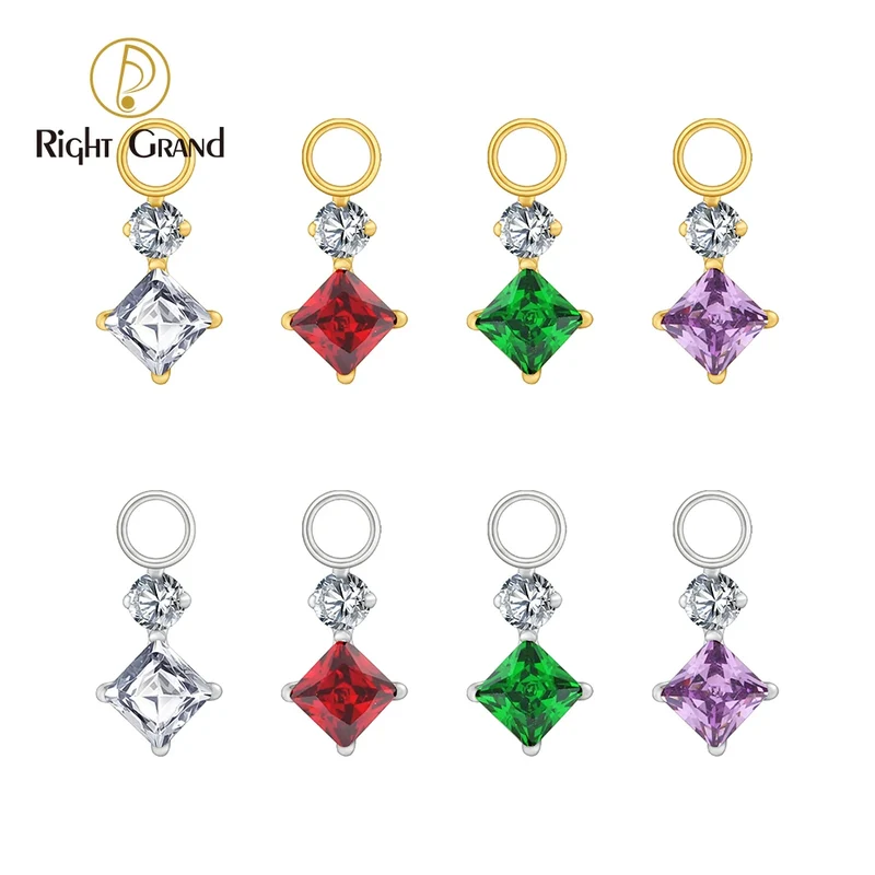 Right Grand ASTM F136 Titanium Dangle Geometric Square CZ Charm Pendant for Clicker Helix Hoop Piercing Jewelry