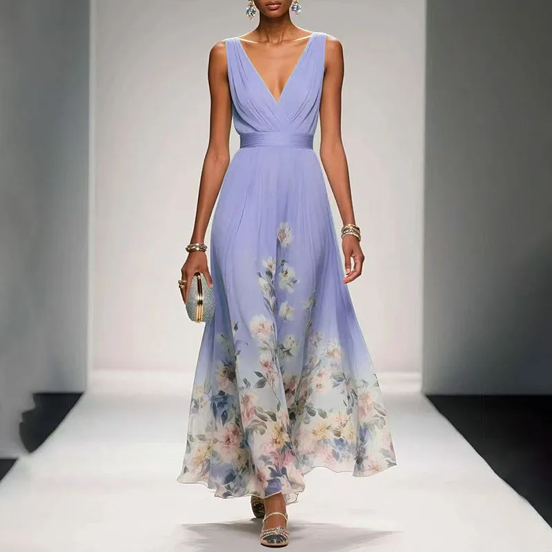 New Fashion Party Dresses Deep V Neck Floral Printing Ruffle Sleeveless A Line Beach Dress High Waisted Summer Sexy Womens Dress