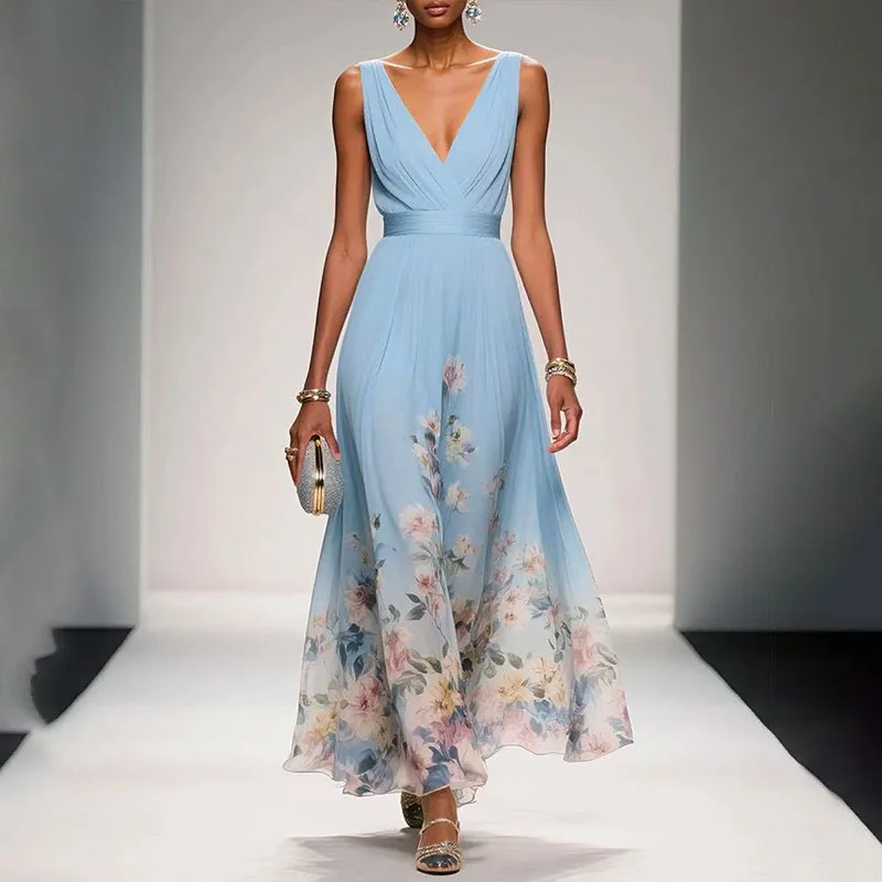 New Fashion Party Dresses Deep V Neck Floral Printing Ruffle Sleeveless A Line Beach Dress High Waisted Summer Sexy Womens Dress
