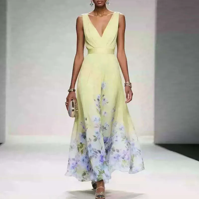 New Fashion Party Dresses Deep V Neck Floral Printing Ruffle Sleeveless A Line Beach Dress High Waisted Summer Sexy Womens Dress
