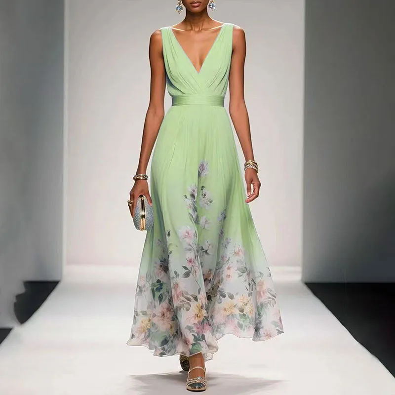 New Fashion Party Dresses Deep V Neck Floral Printing Ruffle Sleeveless A Line Beach Dress High Waisted Summer Sexy Womens Dress