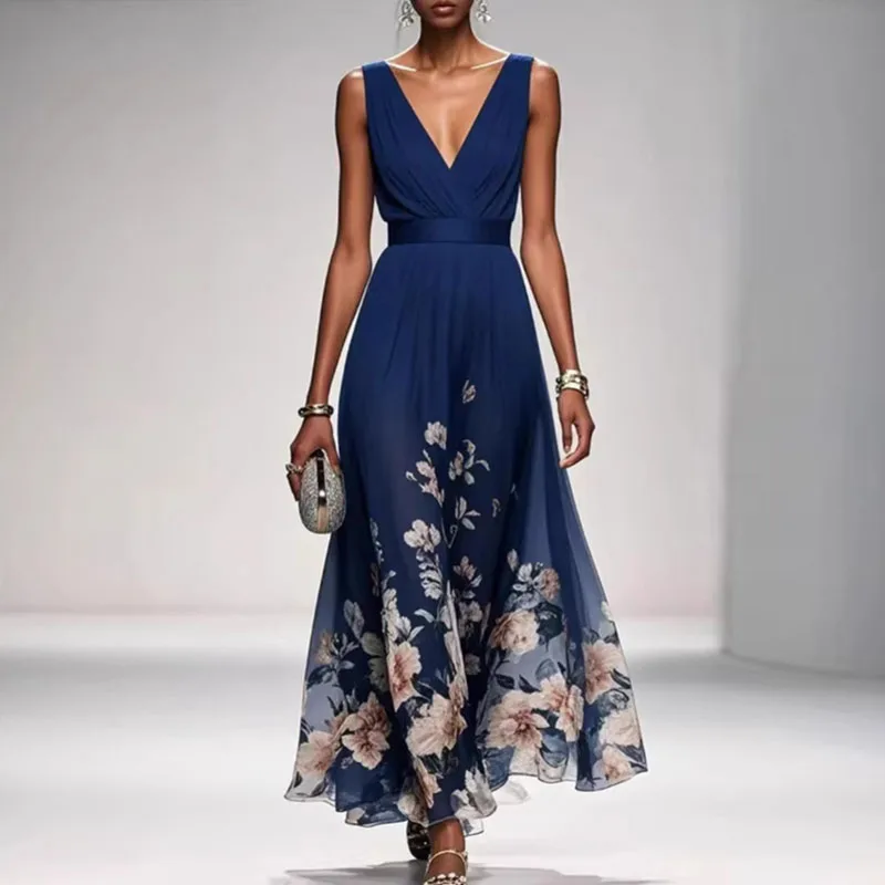 New Fashion Party Dresses Deep V Neck Floral Printing Ruffle Sleeveless A Line Beach Dress High Waisted Summer Sexy Womens Dress