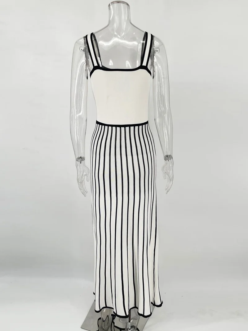 Tossy Striped Knit Backless Maxi Dress Women Slim Contrast Strapless Fashion Elegant Party Dress 2024 Knitwear Female Long Dress