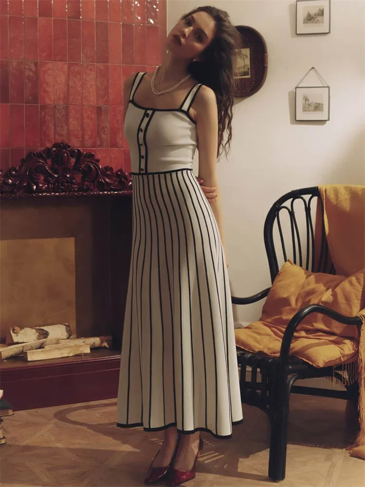 Tossy Striped Knit Backless Maxi Dress Women Slim Contrast Strapless Fashion Elegant Party Dress 2024 Knitwear Female Long Dress