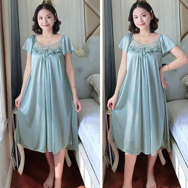 Women's Nightdress Loungewear Ladies Ice Silk Nightgowns Sleeping Dress Medium Length Short Sleeve Home Wear Pyjama Sleepwear
