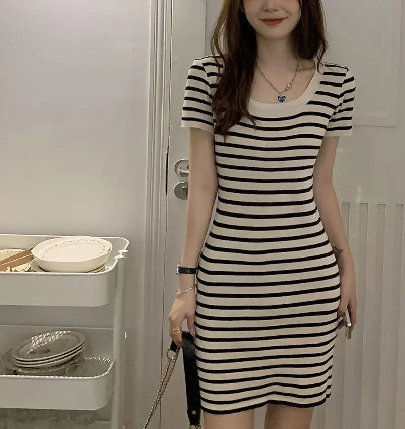 Fashion Striped Knitted Mini Dress Summer Korean Square Collar Waist Women's Clothing Slim Bag Hip Casual Short Sleeve Dresses