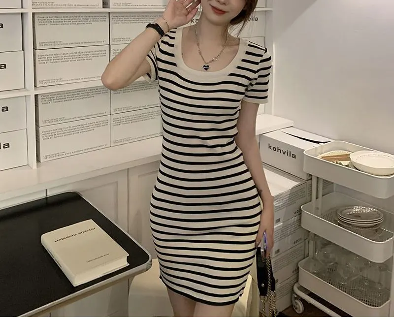Fashion Striped Knitted Mini Dress Summer Korean Square Collar Waist Women's Clothing Slim Bag Hip Casual Short Sleeve Dresses