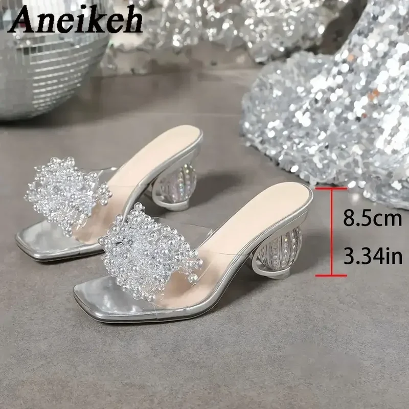 Aneikeh 2026 New Women's Water Diamond Flower Sandals with Transparent Thick Bottom Party Dress PVC Slippers Mules High Heels