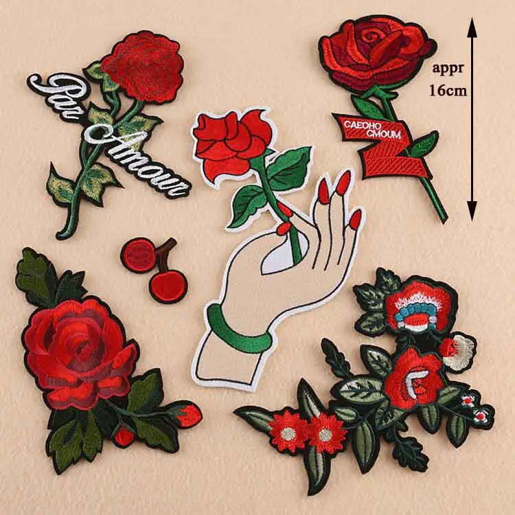Black Flower Red Rose Embroidered Patch Iron On Patch Clothes Patch For Dress Hat Purse Clothing Woman