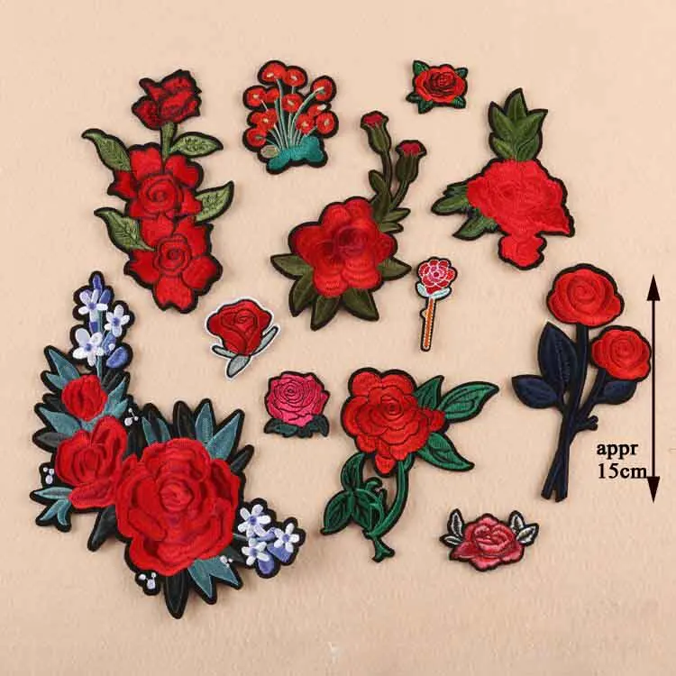 Black Flower Red Rose Embroidered Patch Iron On Patch Clothes Patch For Dress Hat Purse Clothing Woman