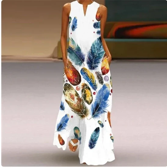 Sleeveless Feather Printed Dress Bohemian Vest Dresses Trendy Beach Casual Loose Robe Colorful Summer