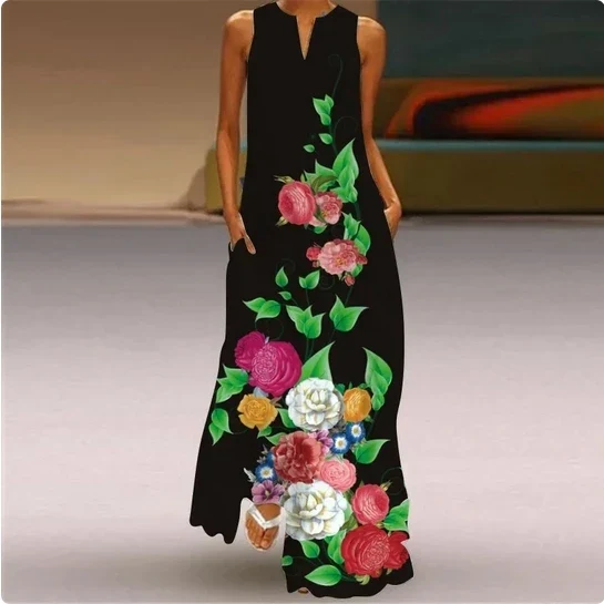 Sleeveless Feather Printed Dress Bohemian Vest Dresses Trendy Beach Casual Loose Robe Colorful Summer