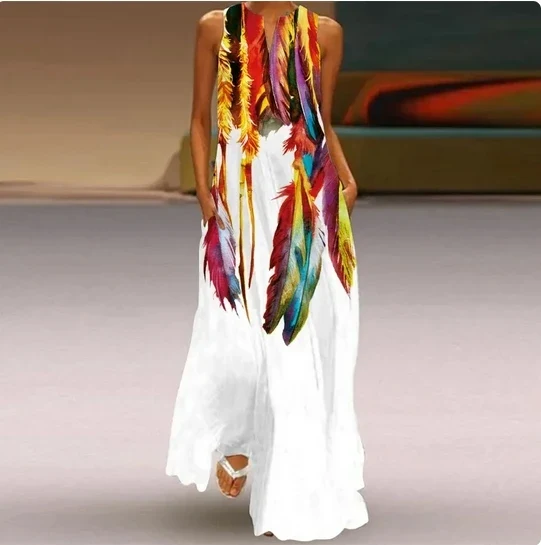Sleeveless Feather Printed Dress Bohemian Vest Dresses Trendy Beach Casual Loose Robe Colorful Summer