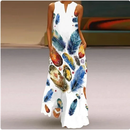 Sleeveless Feather Printed Dress Bohemian Vest Dresses Trendy Beach Casual Loose Robe Colorful Summer