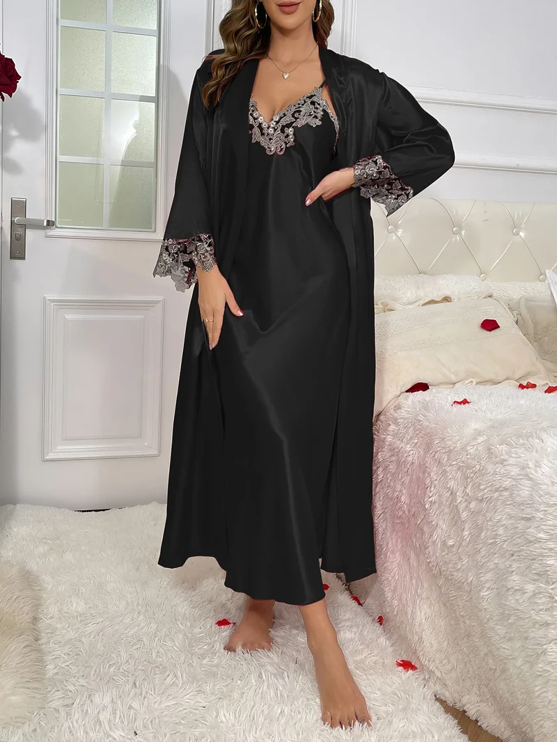 2cs Contrast Lace Long Sleeve Belted Robe V Neck Slip Dress Sexy Elegant Women Pajamas Sets