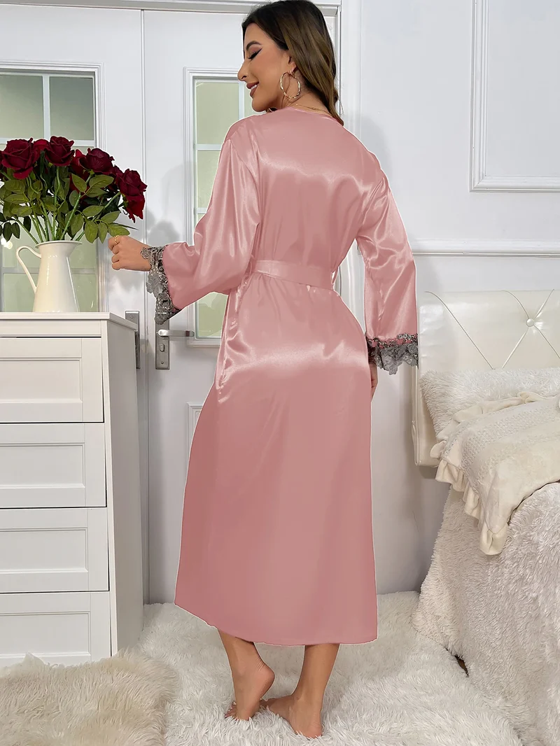 2cs Contrast Lace Long Sleeve Belted Robe V Neck Slip Dress Sexy Elegant Women Pajamas Sets