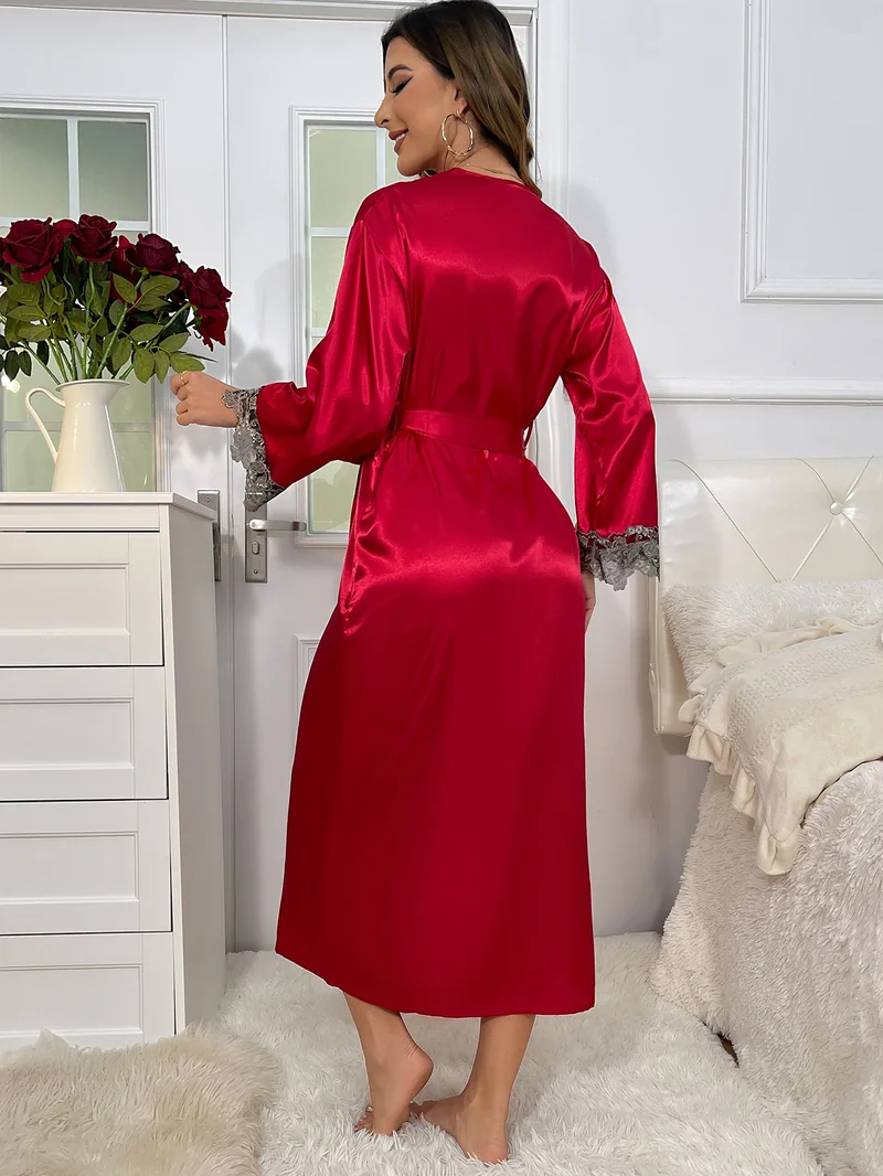 2cs Contrast Lace Long Sleeve Belted Robe V Neck Slip Dress Sexy Elegant Women Pajamas Sets