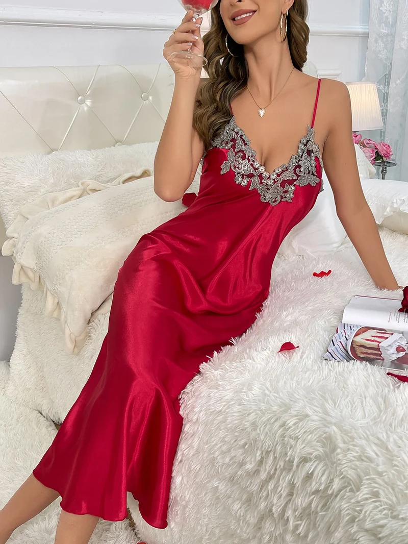 2cs Contrast Lace Long Sleeve Belted Robe V Neck Slip Dress Sexy Elegant Women Pajamas Sets