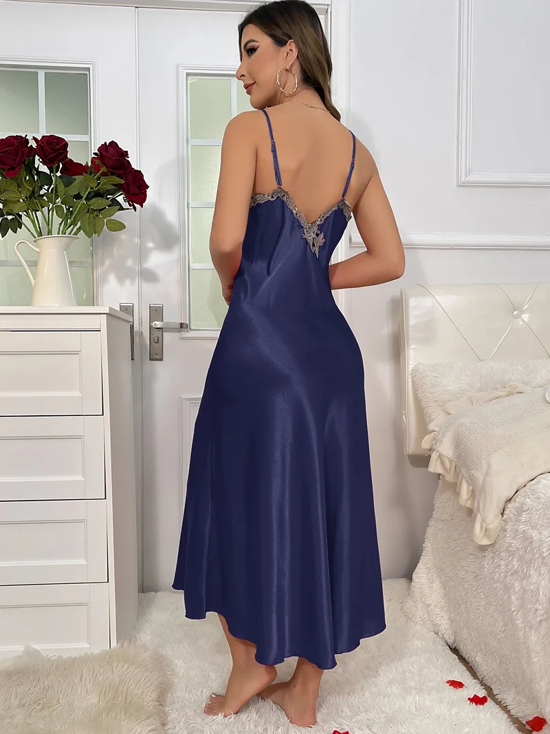 2cs Contrast Lace Long Sleeve Belted Robe V Neck Slip Dress Sexy Elegant Women Pajamas Sets