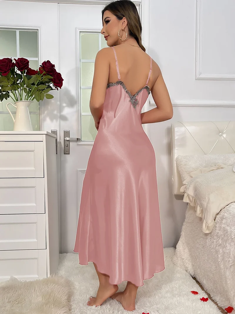 2cs Contrast Lace Long Sleeve Belted Robe V Neck Slip Dress Sexy Elegant Women Pajamas Sets
