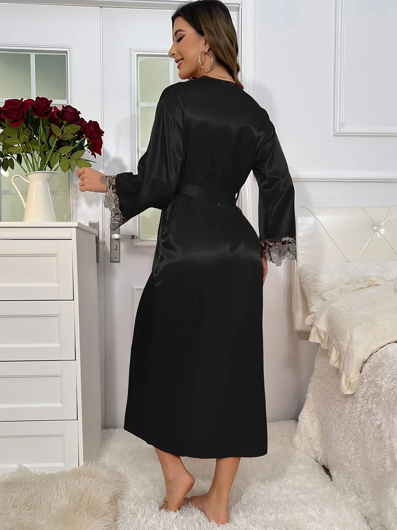 2cs Contrast Lace Long Sleeve Belted Robe V Neck Slip Dress Sexy Elegant Women Pajamas Sets