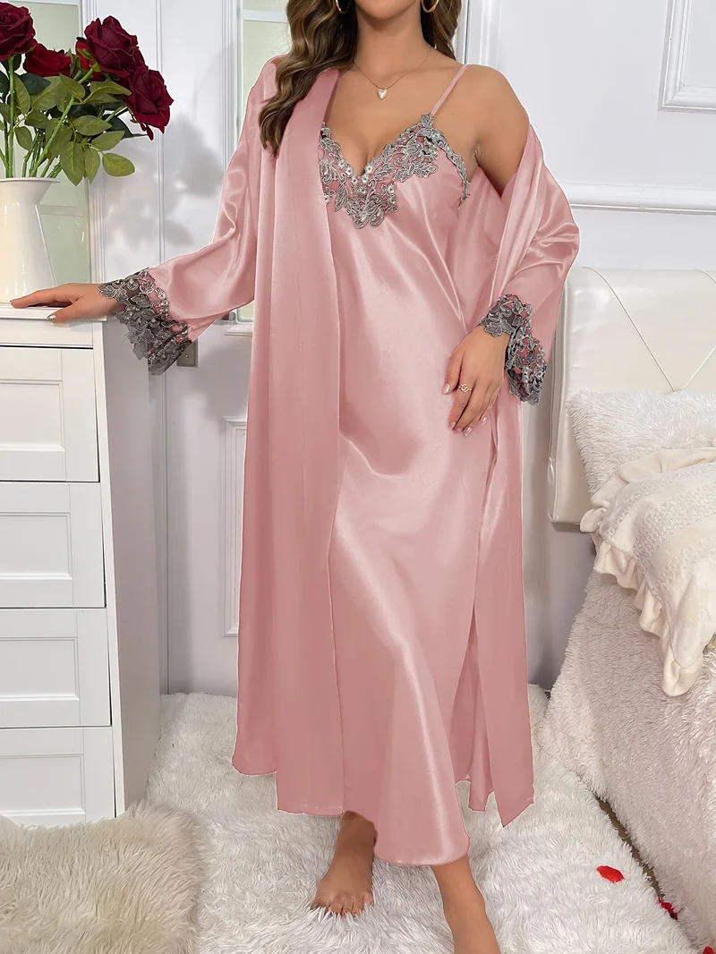 2cs Contrast Lace Long Sleeve Belted Robe V Neck Slip Dress Sexy Elegant Women Pajamas Sets