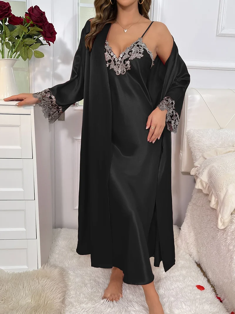 2cs Contrast Lace Long Sleeve Belted Robe V Neck Slip Dress Sexy Elegant Women Pajamas Sets