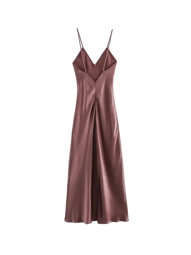 Women's Satin Midi Dress, V Neck, Thin Straps, Backless, Female Dresses, Sexy Fashion